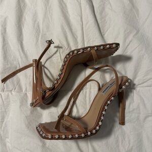 Steve Madden Tan Patent Rhinestone-Trim High Heel Sandals